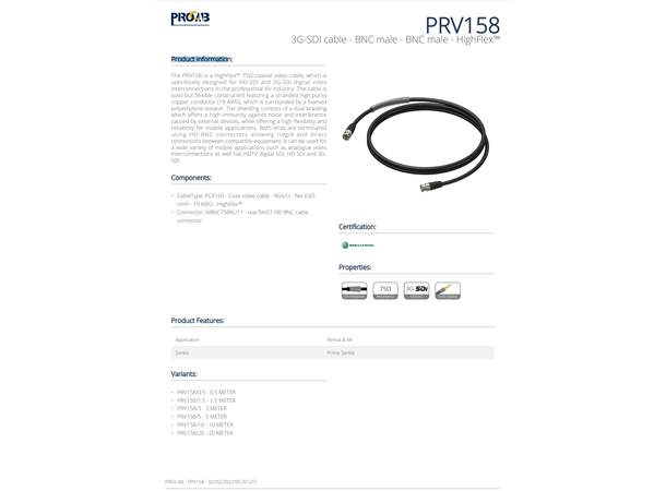 Procab BNC M/M PRV158/20 20m 3G-SDI 75 Ohm