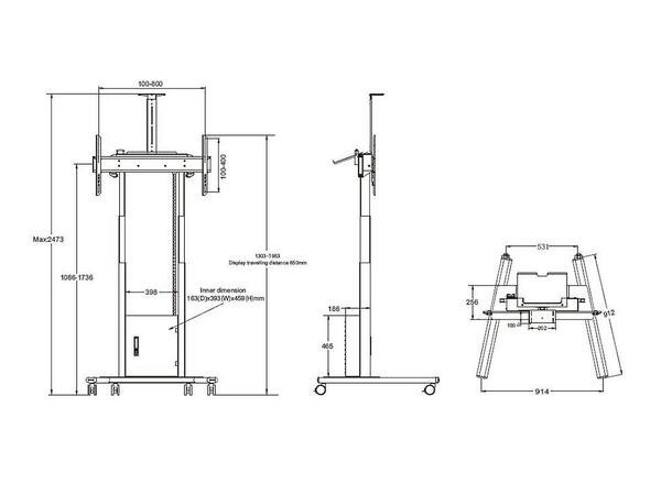 Multibrackets Gulvtralle motor Flip 2 CC Hvit, 50Kg flip,120Kg, 800x400, 42-100" 