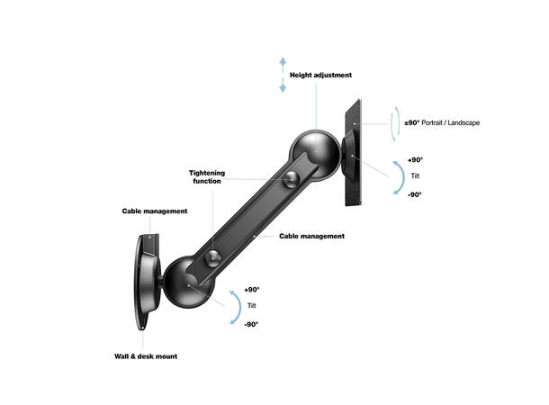 Multibrackets veggfeste Tablet arm Svart, Vesa 100x100, 6Kg, tilt. 7"-32" 