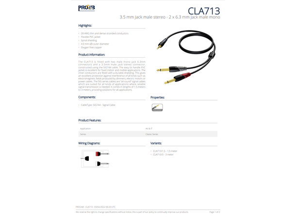 Procab Interconnect CLA713/3 Sort 3,5mm Stereo - 2 x Jack 6,3mm Mono 3m 