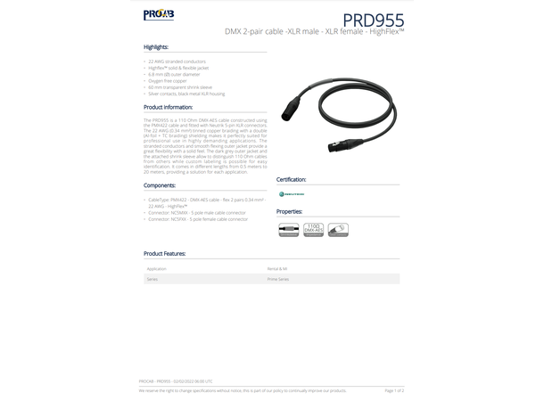Procab DMX kabel PRD955/5 5 Pin DMX-AES/EBU XLR M/FM 110 Ohm 5m