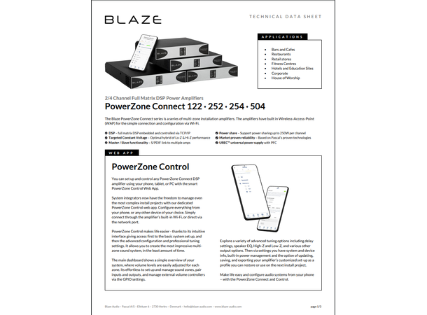 B-Vare Blaze PowerZone Connect 504 EU 4x125W 4-8 Ohm 2x250w 100V 16 Ohm 