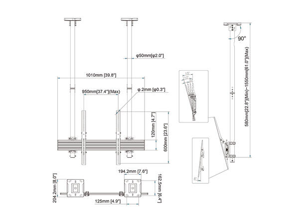 Multibrackets Pro takfeste MBC1USD 900 Hvit, 900x600, 135Kg, 155cm,  40-100" 