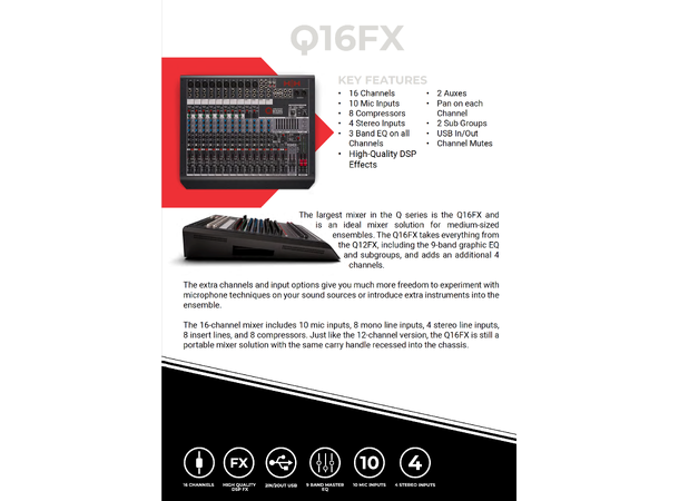 HH Analogue Mixer Q16 FX 16Ch 10Mic 4St line FX 3Bn EQ 8Comp 2Aux 