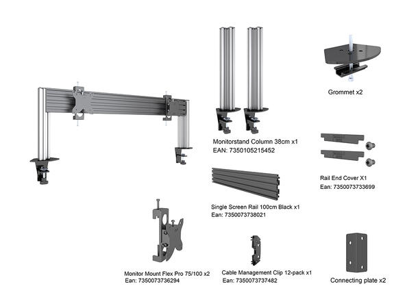 Multibrackets Deskmount Pro MBDM2x1U Sølv. 100x100, 20Kg, 15"-30" 