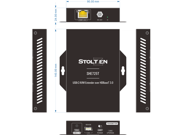 Stoltzen SHE725 HDBaseT™ USB-C Kit w/PD 18Gbps, USB2.0, 70/40m, PoC 
