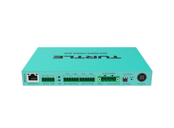 Turtle AV 30W PoE+ Dante Power Amp 2x Dante inputs, 2x inputs 2x outputs 