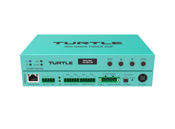 Turtle AV 30W PoE+ Dante Power Amp 2x Dante inputs, 2x inputs 2x outputs 