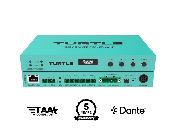 Turtle AV 30W PoE+ Dante Power Amp 2x Dante inputs, 2x inputs 2x outputs 
