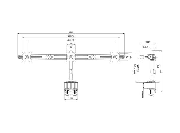 multibrackets bordstativv triple 15-24" 3 X 15"-24", 24kg, 100x100, bordklemme 