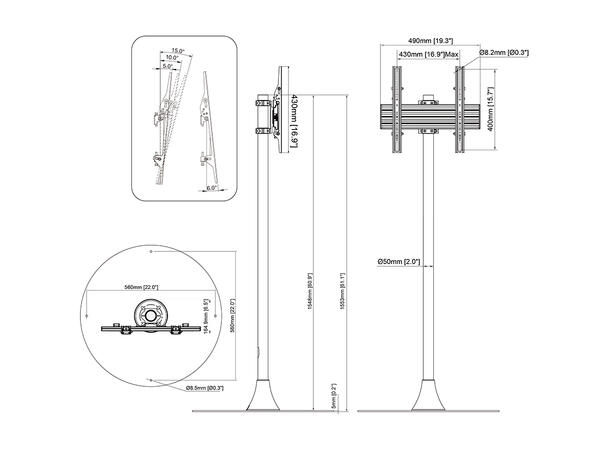 Multibrackets Gulvstativ Floorbase Round Svart,400x400, 24Kg, 32"- 65" 