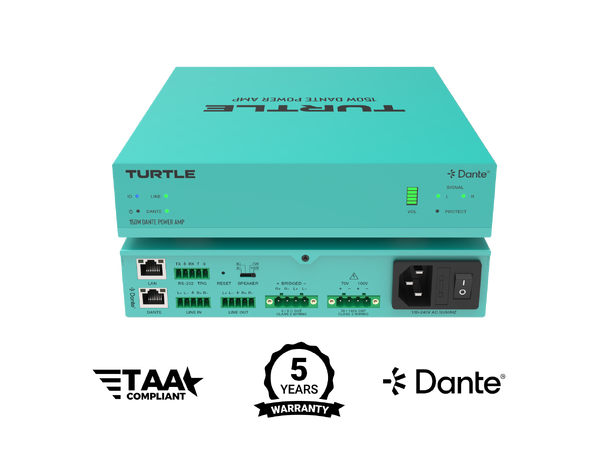 Turtle AV Dante Power Amp 150 Class D Amplifier 2x 75W APM outputs 