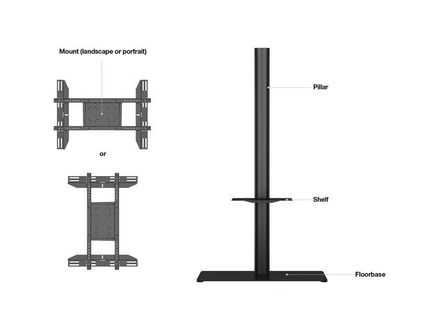 Multibrackets Display Stand 180 Single B lack w Floorbase/Shelf* 