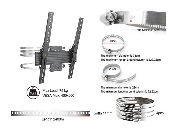 Multibrackets Søylefeste 43"-86" Svart, Vesa 400x600, 75Kg, tilt. 