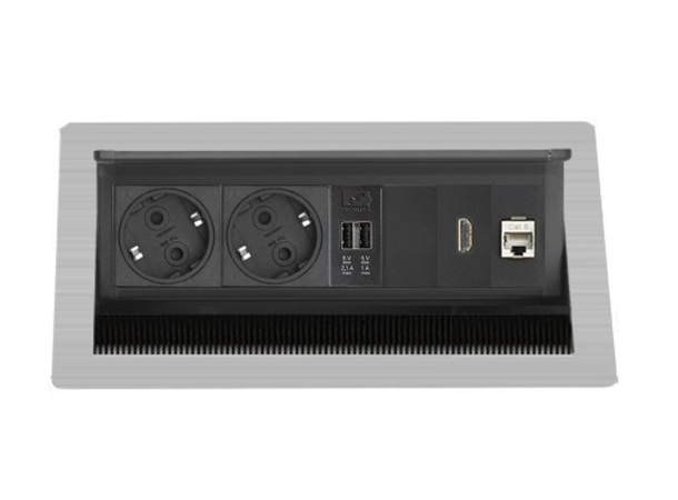 EVOline FlipTop Push MM Medium 2x stikk | 2xUSB | HDMI | RJ45 | sølv