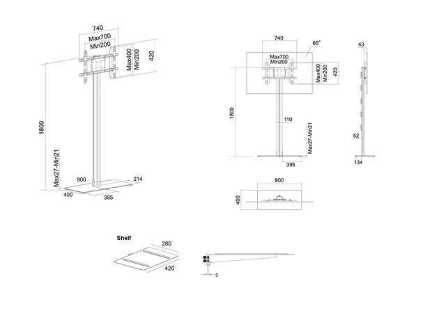 Multibrackets Display Stand 180 Single S ilver w Floorbase/Shelf* 