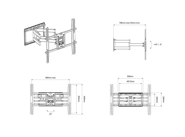 Multibrackets Veggfeste 700mm HD Dual Sort, maks 800x600, 90Kg, 70cm 