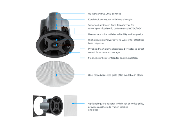 Sonance PS-C43RT 4" takhøyttaler 2-veis 100V / 8 ohm HVIT (1 stk) 