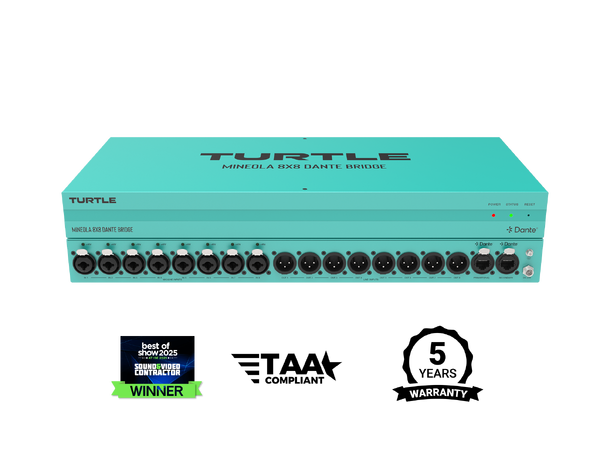 Turtle AV Mineola 8x8 Dante Audio Bridge 8x XLR inputs with 48V Phantom Power 