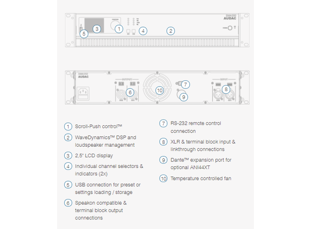 Audac Forsterker SMA350 DSP Klasse D 2x350W 4Ohm RS232 