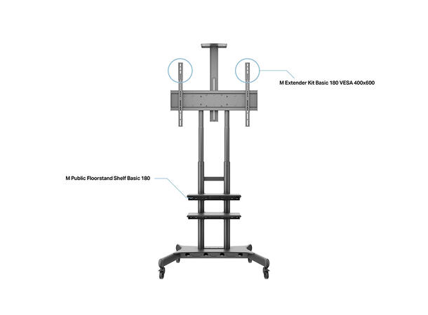 Multibrackets Gulvtralle Basic 180 plus Sort, 90kg, 800x500, 55-80", 2 hylle 