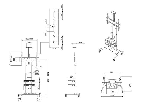 Multibrackets Gulvtralle Basic 180 plus Sort, 90kg, 800x500, 55-80", 2 hylle 