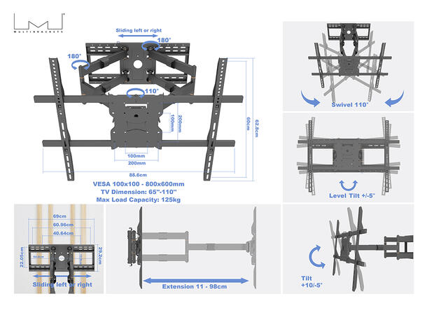 Multibrackets Veggfeste long reach SD Svart, VESA 800x600,125kg, 98cm, 65-110" 