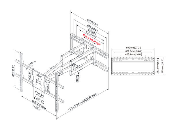 Multibrackets Veggfeste long reach SD Svart, VESA 800x600,125kg, 98cm, 65-110" 