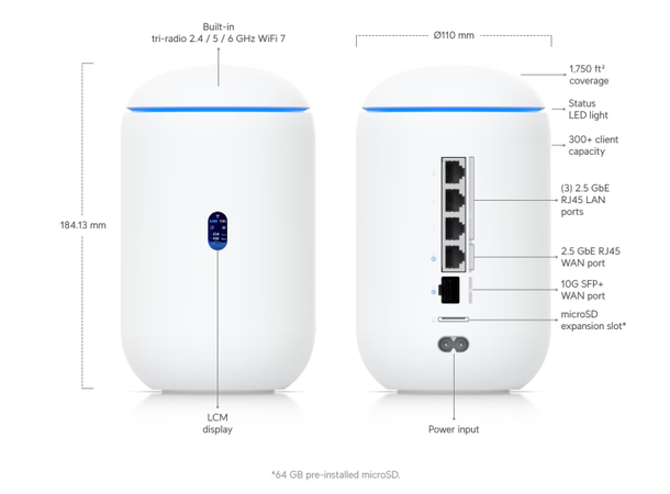 Ubiquiti UniFi Dream Router 7 2 x WAN SFP+ RJ45| 3 x LAN 2.5GbE | 64GB 