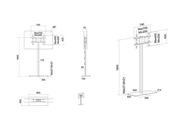 Multibrackets Gulvstativ Floorbase 180 Svart, 400x400, 100Kg, 32"-65", B2B 