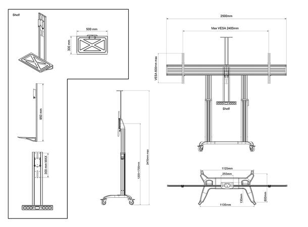Multibrackets tralle motoriser dual 180 Svart, 135Kg,2400x600, 60-110" 